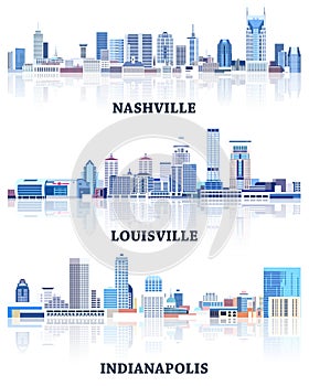 Vector collection of United States cityscapes: Nashville, Louisville, Indianapolis skylines in tints of blue color palette. ÃÂ¡